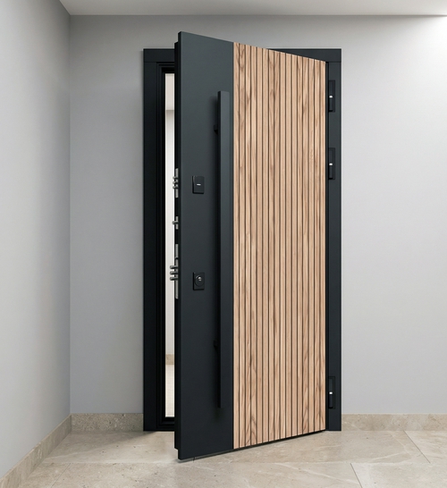 Combo МДФ по RAL 7021, вставка шпон «Ясень оливковый»